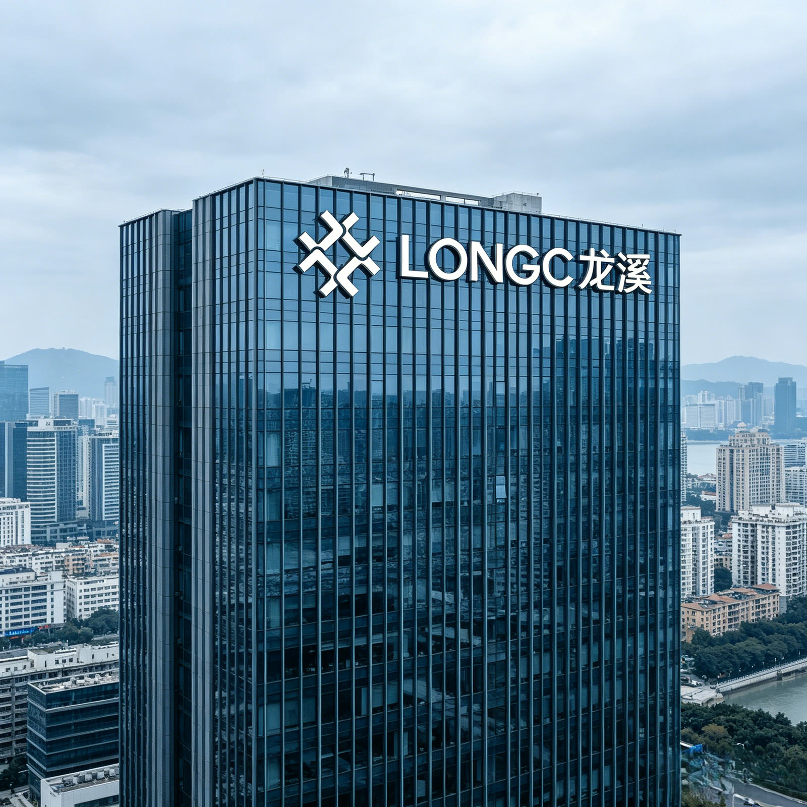 龙溪企服品牌形象大楼，楼体展示 LONGC 龙溪标识